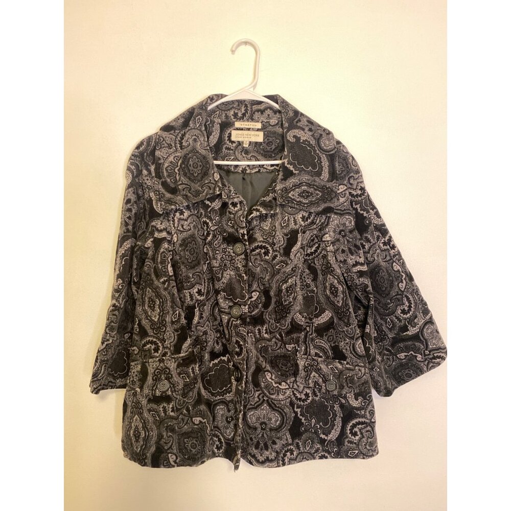 Jones New York Women's Black/Gray Paisley Corduroy Button-up Jacket Size 1X